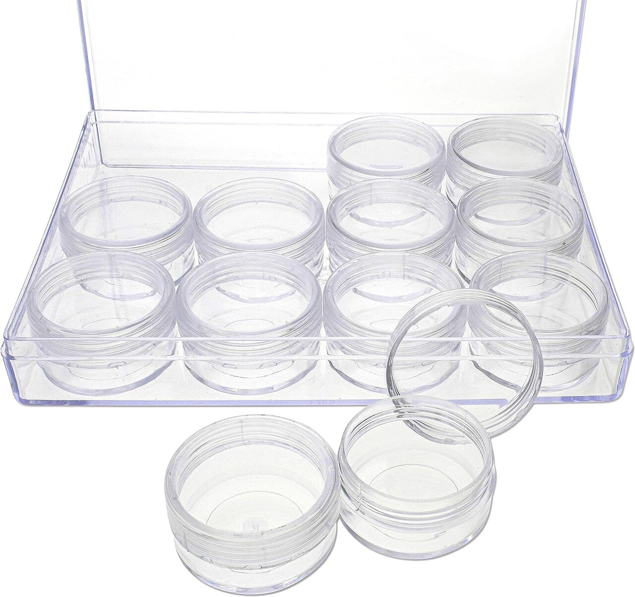 The Beadsmith Personality Case - Clear Storage Organizer Box – 6.4 x 4.8 x 1 inches - Includes 12 Small Containers with lids - 1.5 x 0.8 inches, Bead Holder